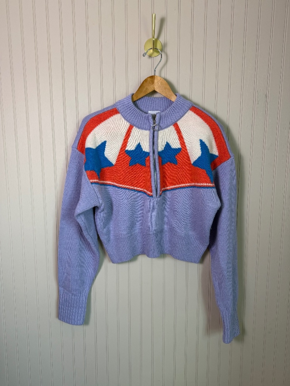 BDG Star Quarter Zip Cropped Sweater Size S Lavender Red Blue